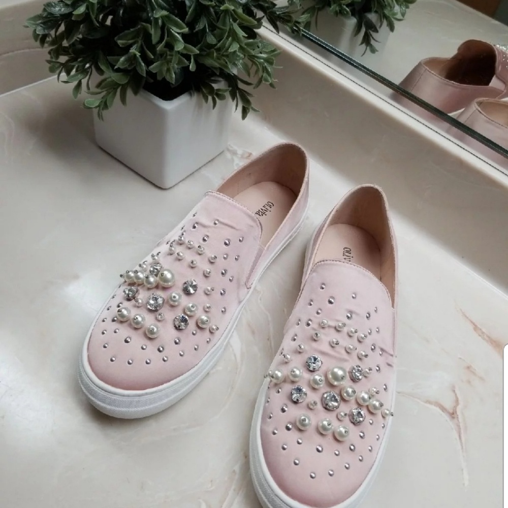 New dusty pink silk slipons